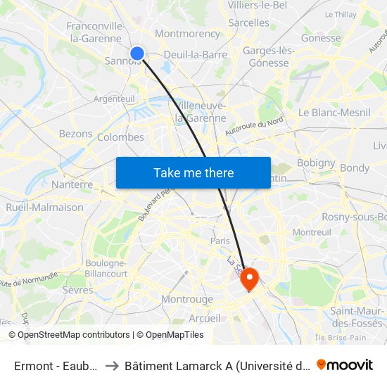 Ermont - Eaubonne to Bâtiment Lamarck A (Université de Paris) map