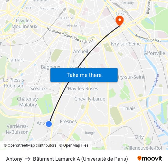 Antony to Bâtiment Lamarck A (Université de Paris) map