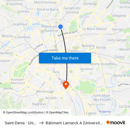 Saint-Denis - Université to Bâtiment Lamarck A (Université de Paris) map