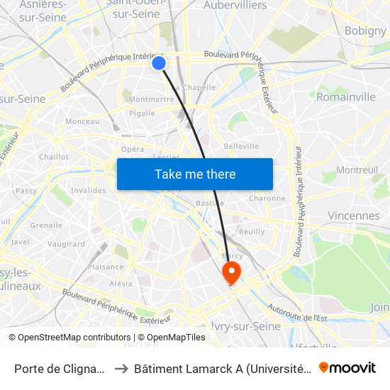 Porte de Clignancourt to Bâtiment Lamarck A (Université de Paris) map
