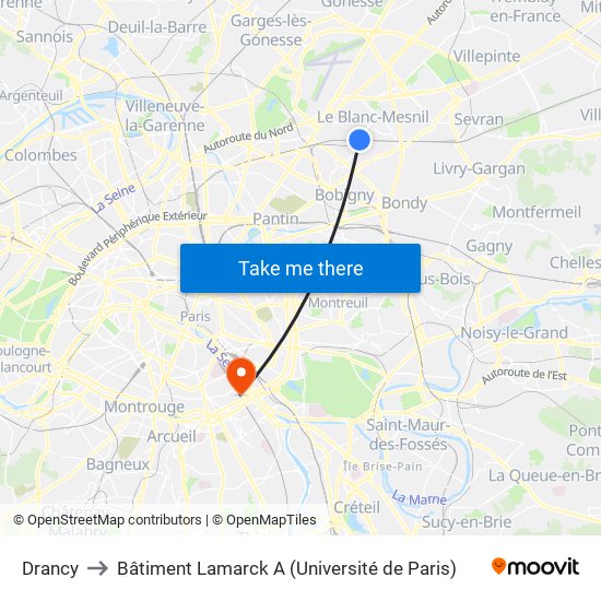Drancy to Bâtiment Lamarck A (Université de Paris) map