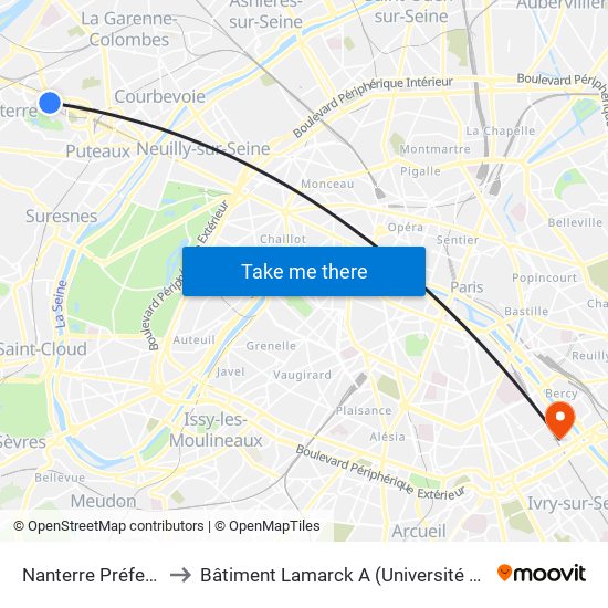 Nanterre Préfecture to Bâtiment Lamarck A (Université de Paris) map