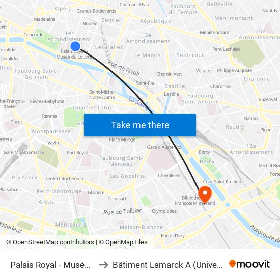 Palais Royal - Musée du Louvre to Bâtiment Lamarck A (Université de Paris) map