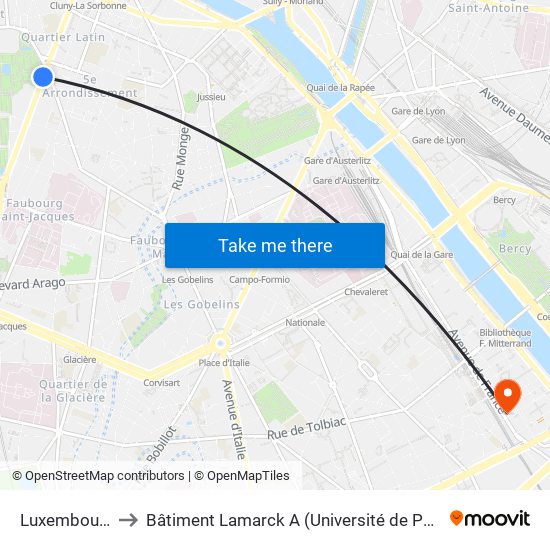 Luxembourg to Bâtiment Lamarck A (Université de Paris) map