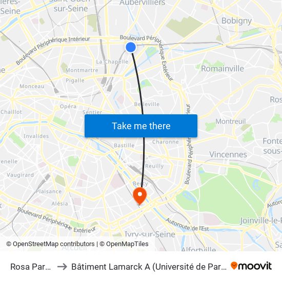 Rosa Parks to Bâtiment Lamarck A (Université de Paris) map