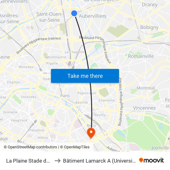 La Plaine Stade de France to Bâtiment Lamarck A (Université de Paris) map