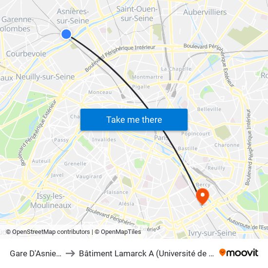 Gare D'Asnieres to Bâtiment Lamarck A (Université de Paris) map