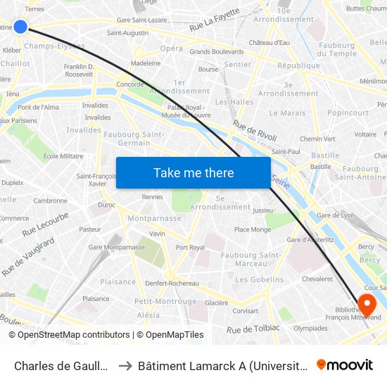 Charles de Gaulle Etoile to Bâtiment Lamarck A (Université de Paris) map