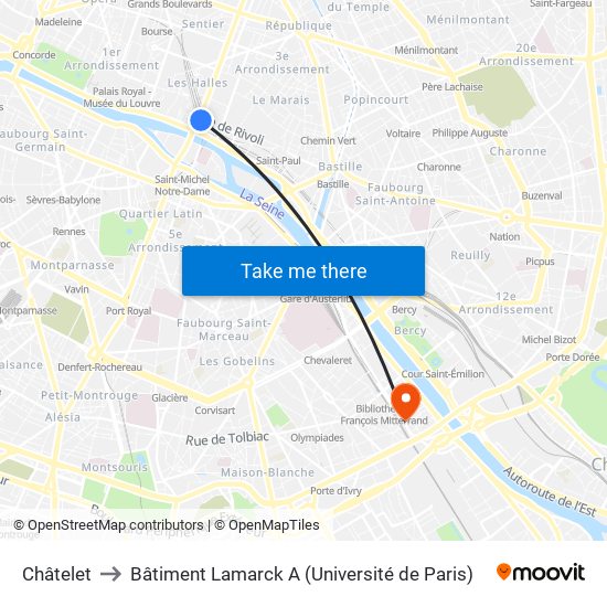 Châtelet to Bâtiment Lamarck A (Université de Paris) map