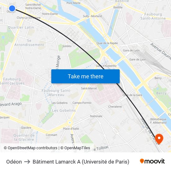 Odéon to Bâtiment Lamarck A (Université de Paris) map
