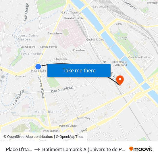Place D'Italie to Bâtiment Lamarck A (Université de Paris) map