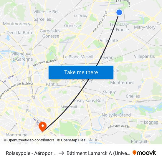 Roissypole - Aéroport Cdg1 (D3) to Bâtiment Lamarck A (Université de Paris) map