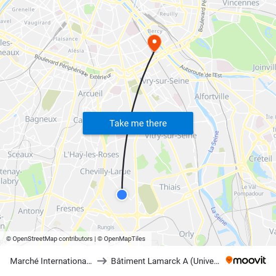 Marché International de Rungis to Bâtiment Lamarck A (Université de Paris) map