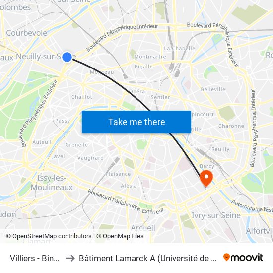 Villiers - Bineau to Bâtiment Lamarck A (Université de Paris) map