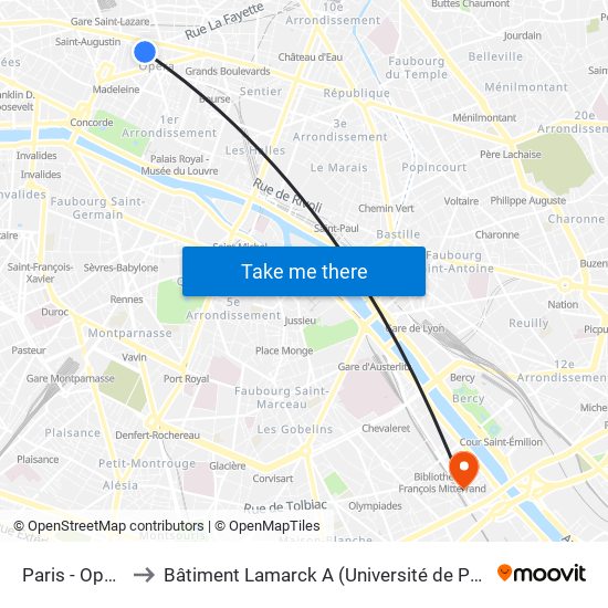 Paris - Opéra to Bâtiment Lamarck A (Université de Paris) map