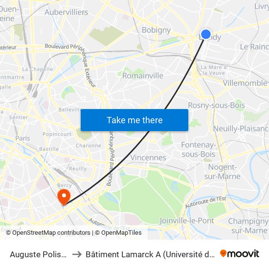 Auguste Polissard to Bâtiment Lamarck A (Université de Paris) map