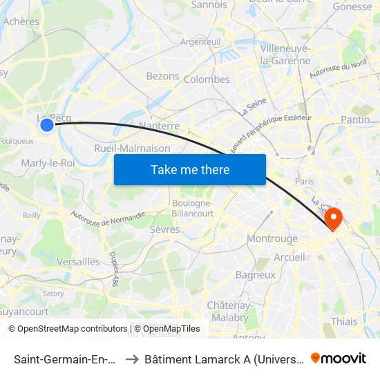 Saint-Germain-En-Laye RER to Bâtiment Lamarck A (Université de Paris) map