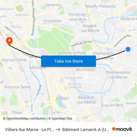 Villiers-Sur-Marne - Le Plessis-Trévise RER to Bâtiment Lamarck A (Université de Paris) map