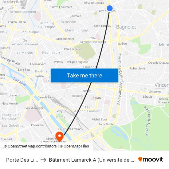 Porte Des Lilas to Bâtiment Lamarck A (Université de Paris) map