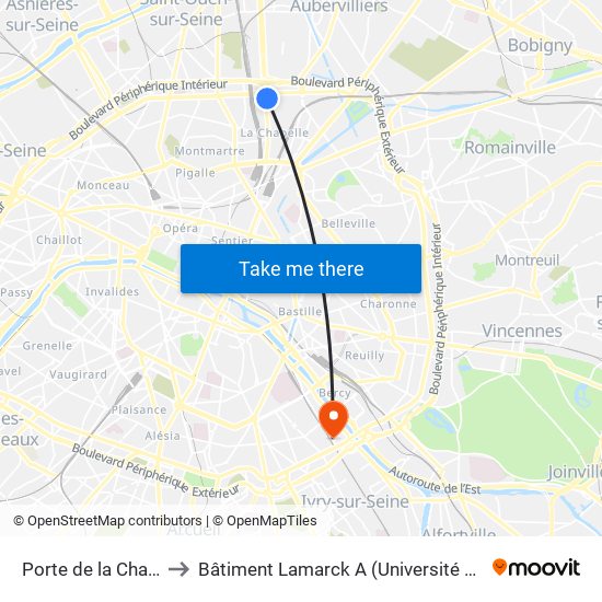 Porte de la Chapelle to Bâtiment Lamarck A (Université de Paris) map