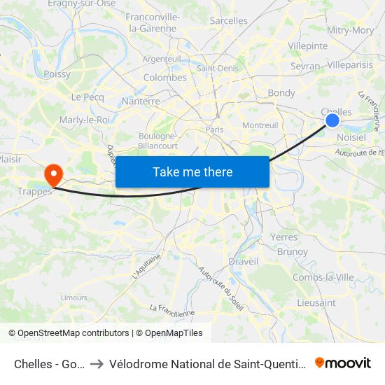 Chelles - Gournay to Vélodrome National de Saint-Quentin-En-Yvelines map