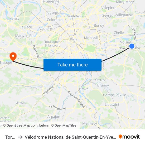 Torcy to Vélodrome National de Saint-Quentin-En-Yvelines map