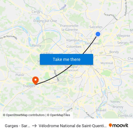 Garges - Sarcelles to Vélodrome National de Saint-Quentin-En-Yvelines map