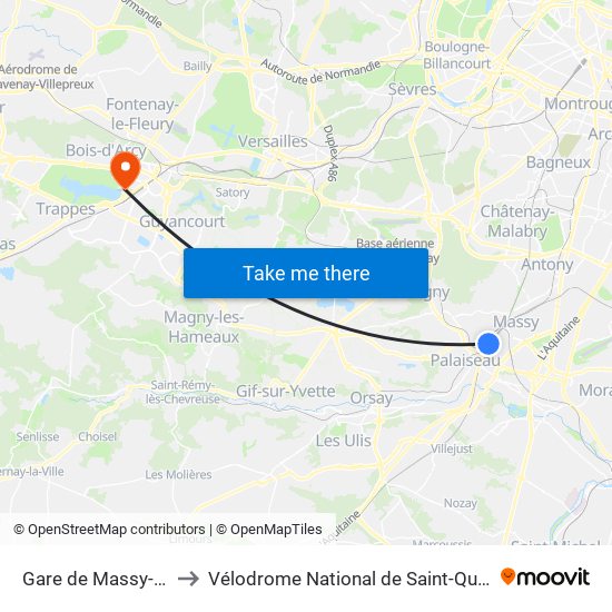 Gare de Massy-Palaiseau to Vélodrome National de Saint-Quentin-En-Yvelines map