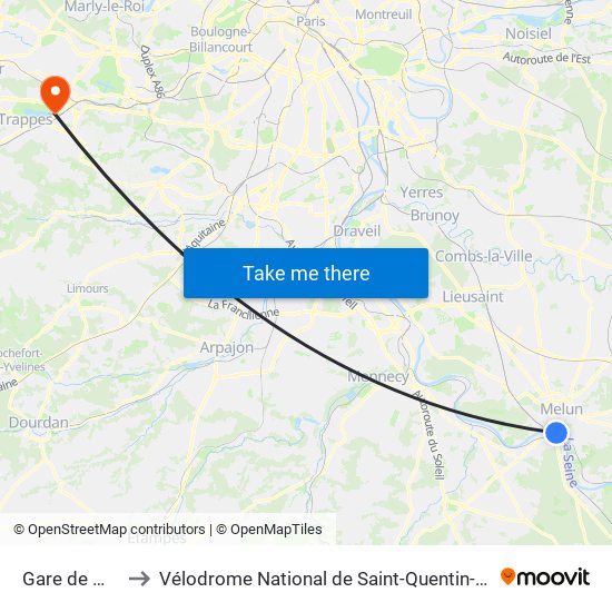 Gare de Melun to Vélodrome National de Saint-Quentin-En-Yvelines map