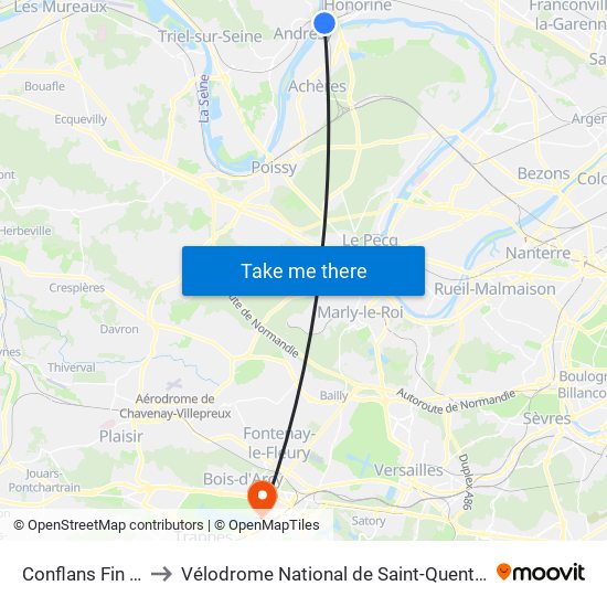 Conflans Fin D'Oise to Vélodrome National de Saint-Quentin-En-Yvelines map