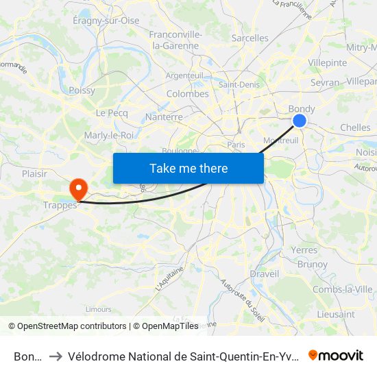 Bondy to Vélodrome National de Saint-Quentin-En-Yvelines map