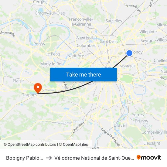 Bobigny Pablo Picasso to Vélodrome National de Saint-Quentin-En-Yvelines map