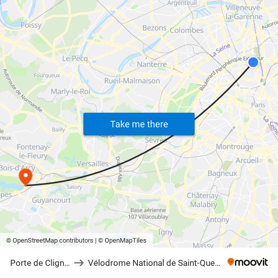 Porte de Clignancourt to Vélodrome National de Saint-Quentin-En-Yvelines map