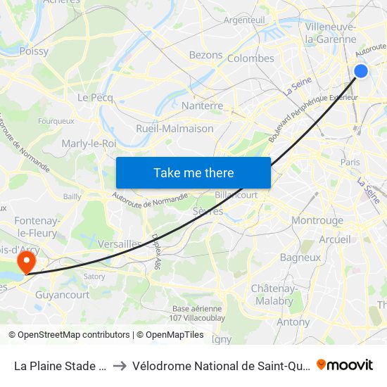 La Plaine Stade de France to Vélodrome National de Saint-Quentin-En-Yvelines map