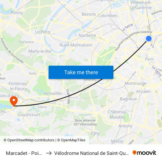 Marcadet - Poissonniers to Vélodrome National de Saint-Quentin-En-Yvelines map