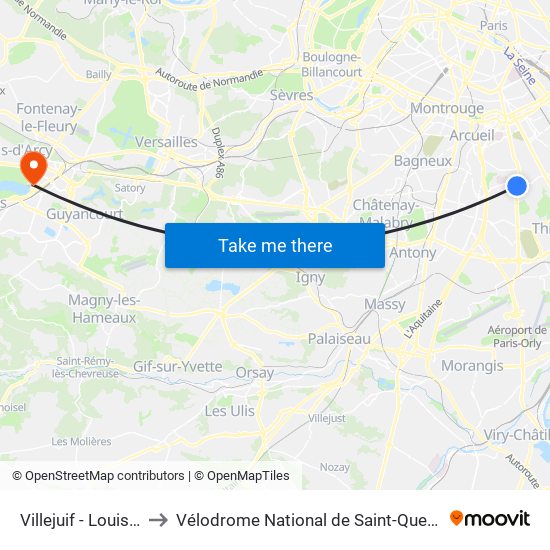 Villejuif - Louis Aragon to Vélodrome National de Saint-Quentin-En-Yvelines map