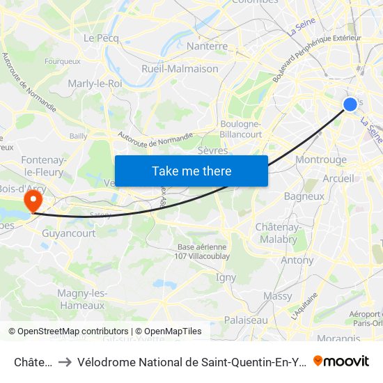 Châtelet to Vélodrome National de Saint-Quentin-En-Yvelines map