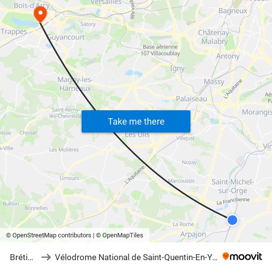 Brétigny to Vélodrome National de Saint-Quentin-En-Yvelines map