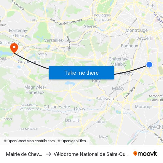 Mairie de Chevilly-Larue to Vélodrome National de Saint-Quentin-En-Yvelines map