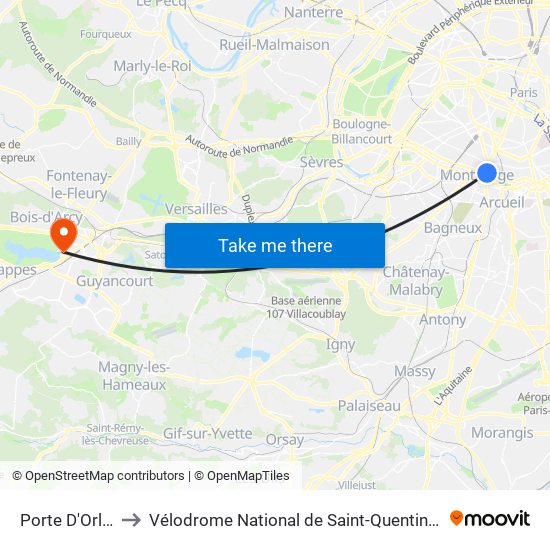 Porte D'Orléans to Vélodrome National de Saint-Quentin-En-Yvelines map