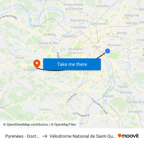 Pyrénées - Docteur Netter to Vélodrome National de Saint-Quentin-En-Yvelines map