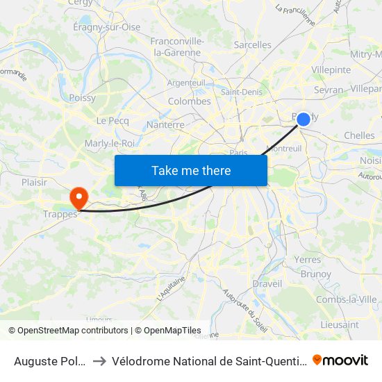 Auguste Polissard to Vélodrome National de Saint-Quentin-En-Yvelines map