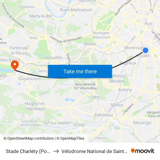 Stade Charléty (Porte de Gentilly) to Vélodrome National de Saint-Quentin-En-Yvelines map