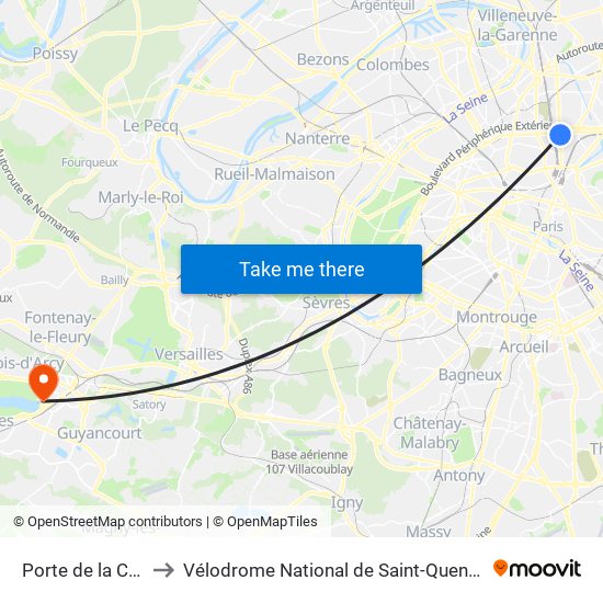 Porte de la Chapelle to Vélodrome National de Saint-Quentin-En-Yvelines map