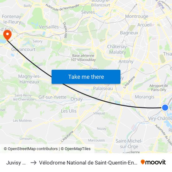 Juvisy RER to Vélodrome National de Saint-Quentin-En-Yvelines map