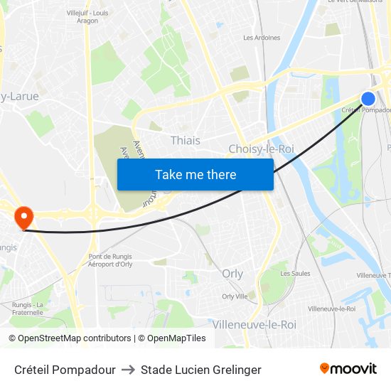 Créteil Pompadour to Stade Lucien Grelinger map