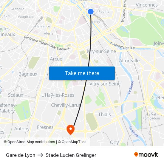 Gare de Lyon to Stade Lucien Grelinger map