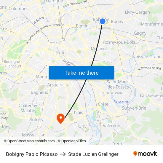 Bobigny Pablo Picasso to Stade Lucien Grelinger map