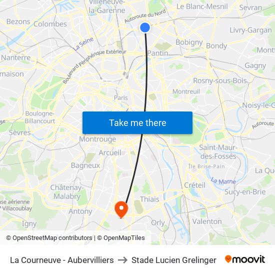 La Courneuve - Aubervilliers to Stade Lucien Grelinger map