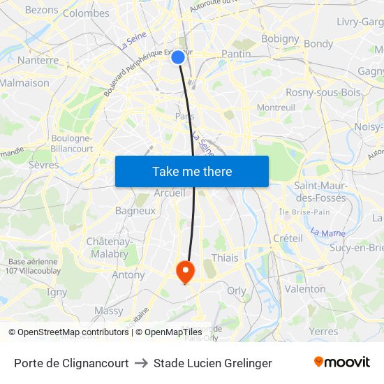 Porte de Clignancourt to Stade Lucien Grelinger map